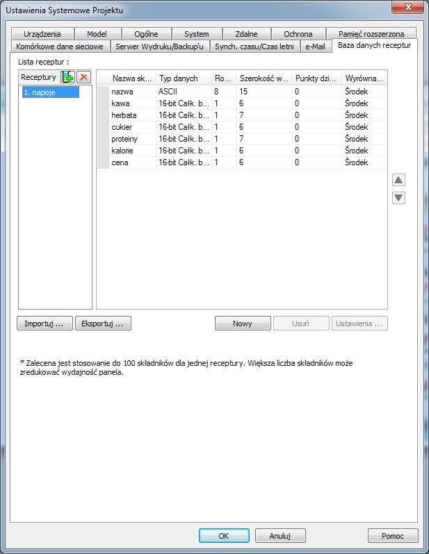 tworzenie receptur w panelu HMI