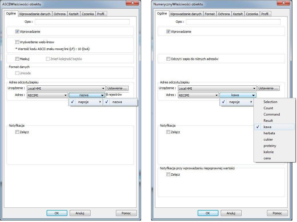 tworzenie receptur w panelu HMI